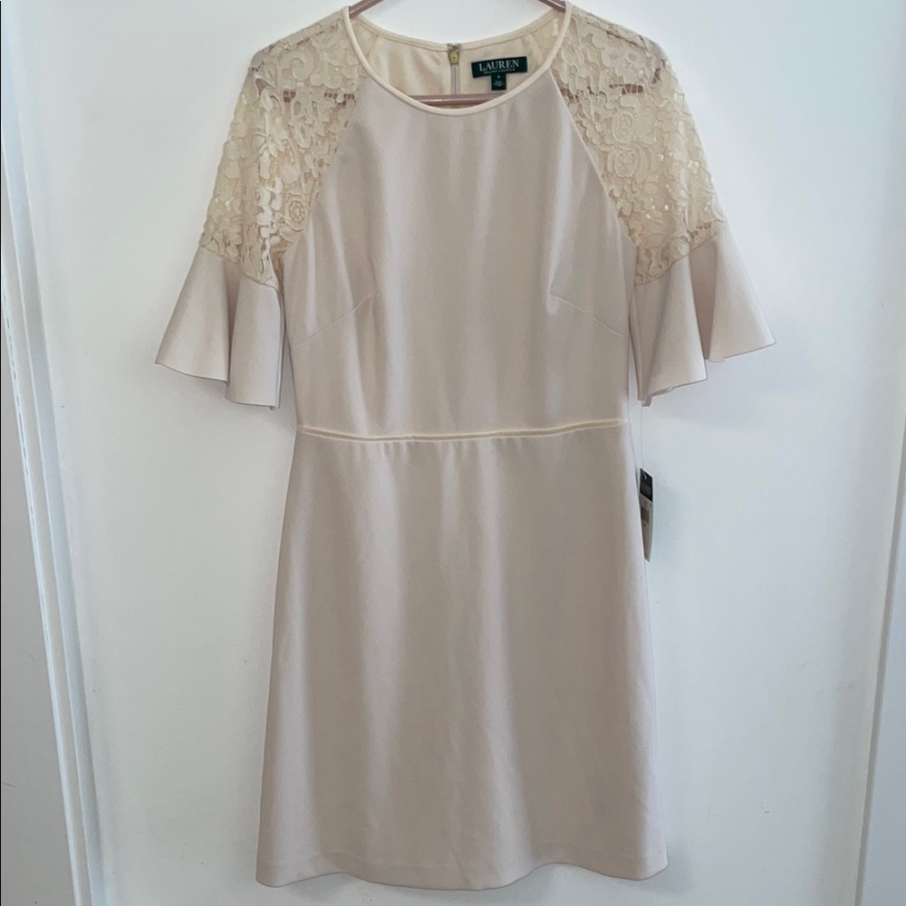 Ralph Lauren Beige Midi Dress with Lace Sleeves